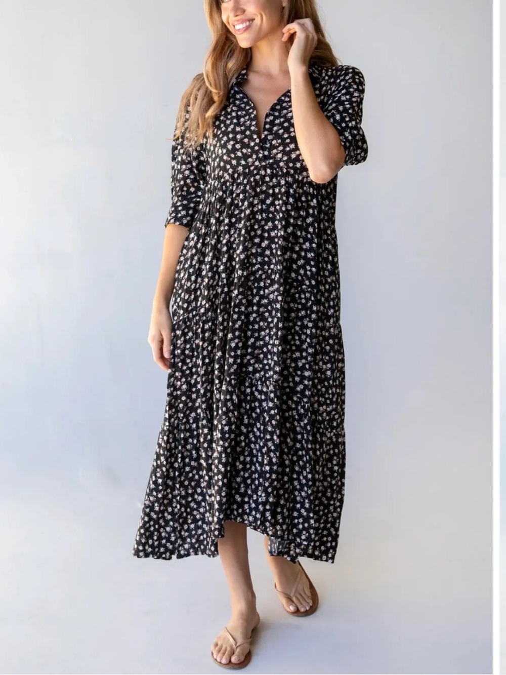 Natural Life Rebecca Floral Tiered Boho Midi Dress Size Small